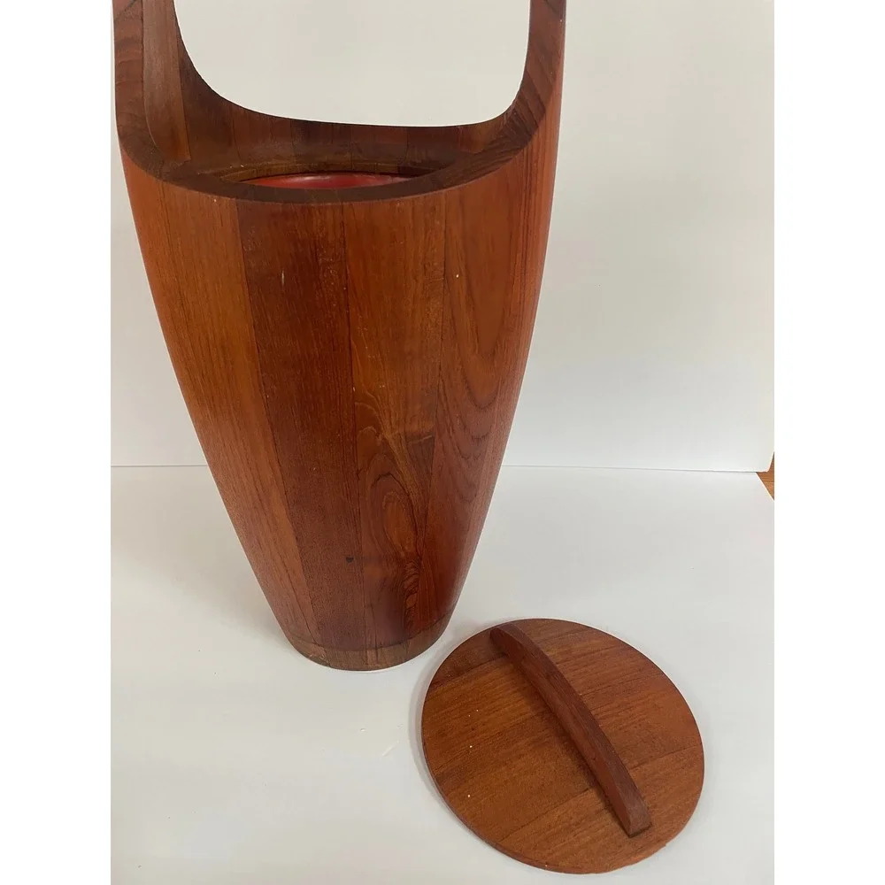 Vintage MCM Teak Wood Ice Bucket with Orange Liner Mid Century Modern Barware